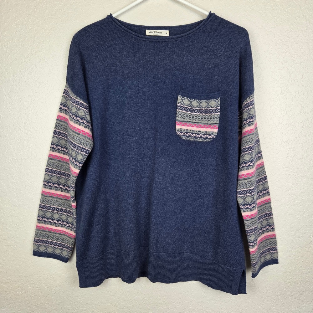 WoolOvers Womens Cotton Wool Cashmere Blend Sweater Size M Blue Fair Isle